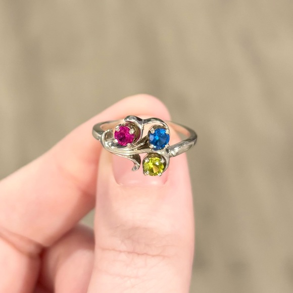14K Rainbow Spinel red blue green gemstone cluster vintage white gold ring - Picture 5 of 12